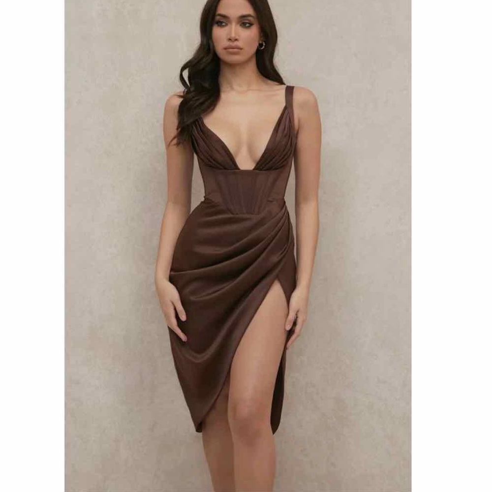 House Of CB XS Faye Chocolate Satin Corset Dress
